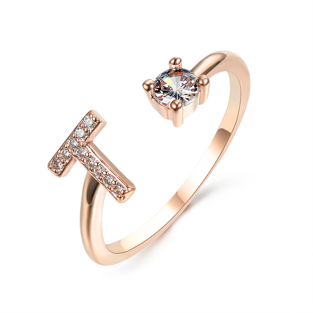 Anillo de letra ajustable con circonitas y diseño inicial de 26 para mujer