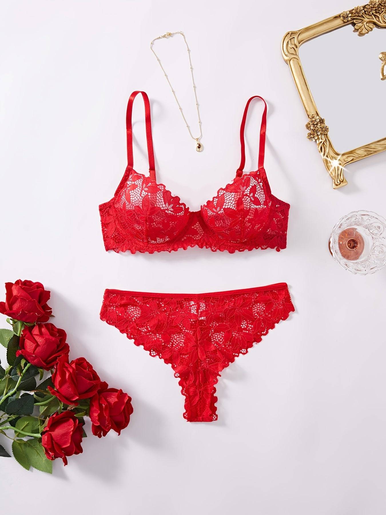 Women's Red Lace Lingerie Set – Delicate Floral Design with Scalloped Edges, Comfortable Matching Set