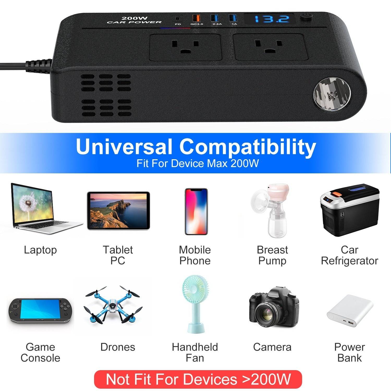 200W Car Inverter with AC Outlets and Fast Charging Ports