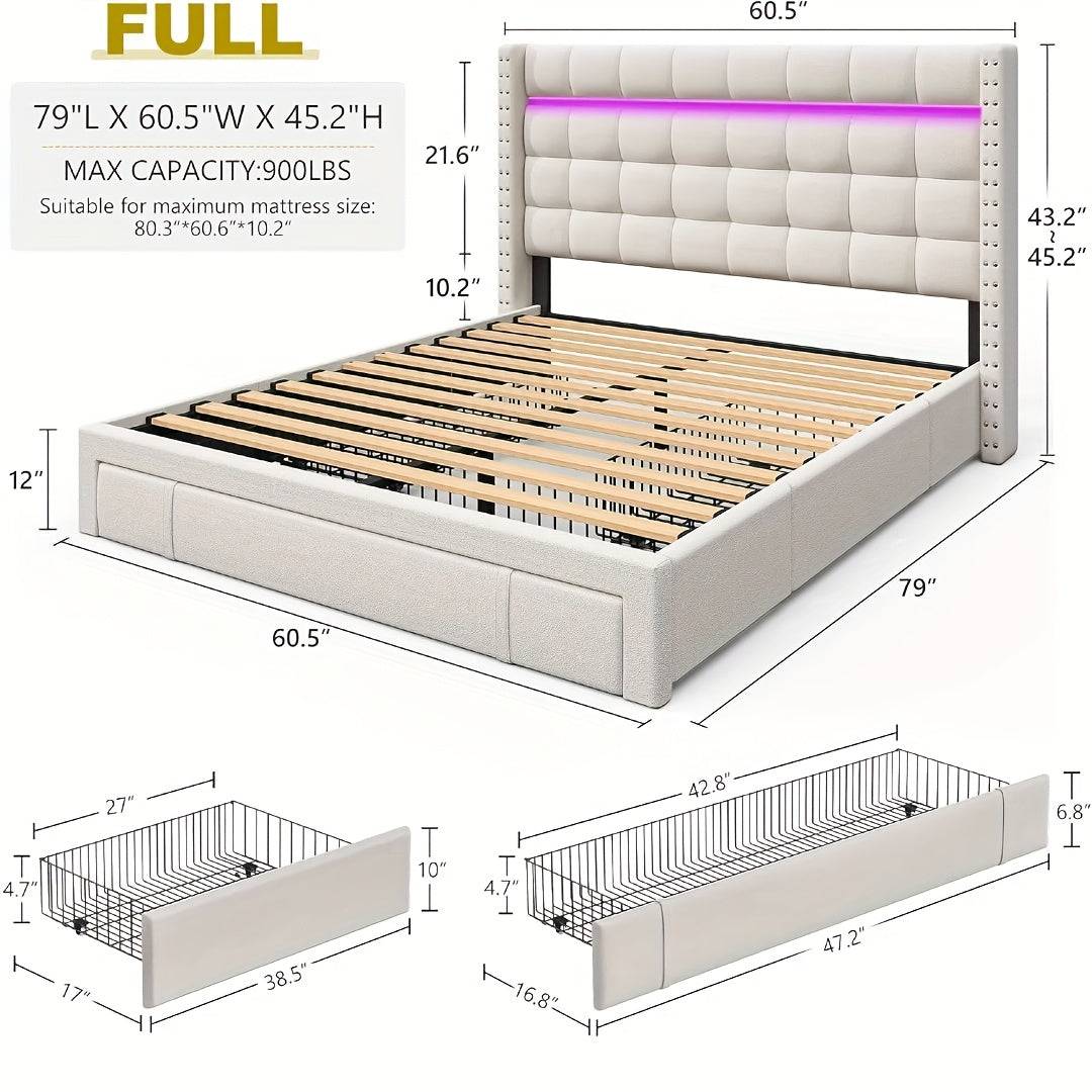 Modern Adjustable Bed with Soft Upholstered Headboard and Colorful Nightstand, Hardwood & Metal Frame, Plug-In Power, Easy Assembly