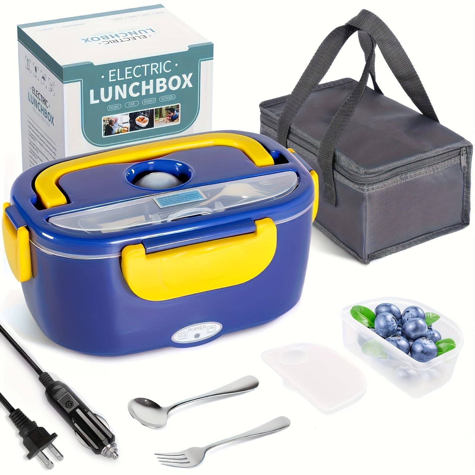 Electric Lunch Box Food Warmer 3-in-1 Portable Heated Lunchbox for Adults 12V/24V/110V with Fork, Spoon & Insulated Carry Bag for Car, Truck & Office