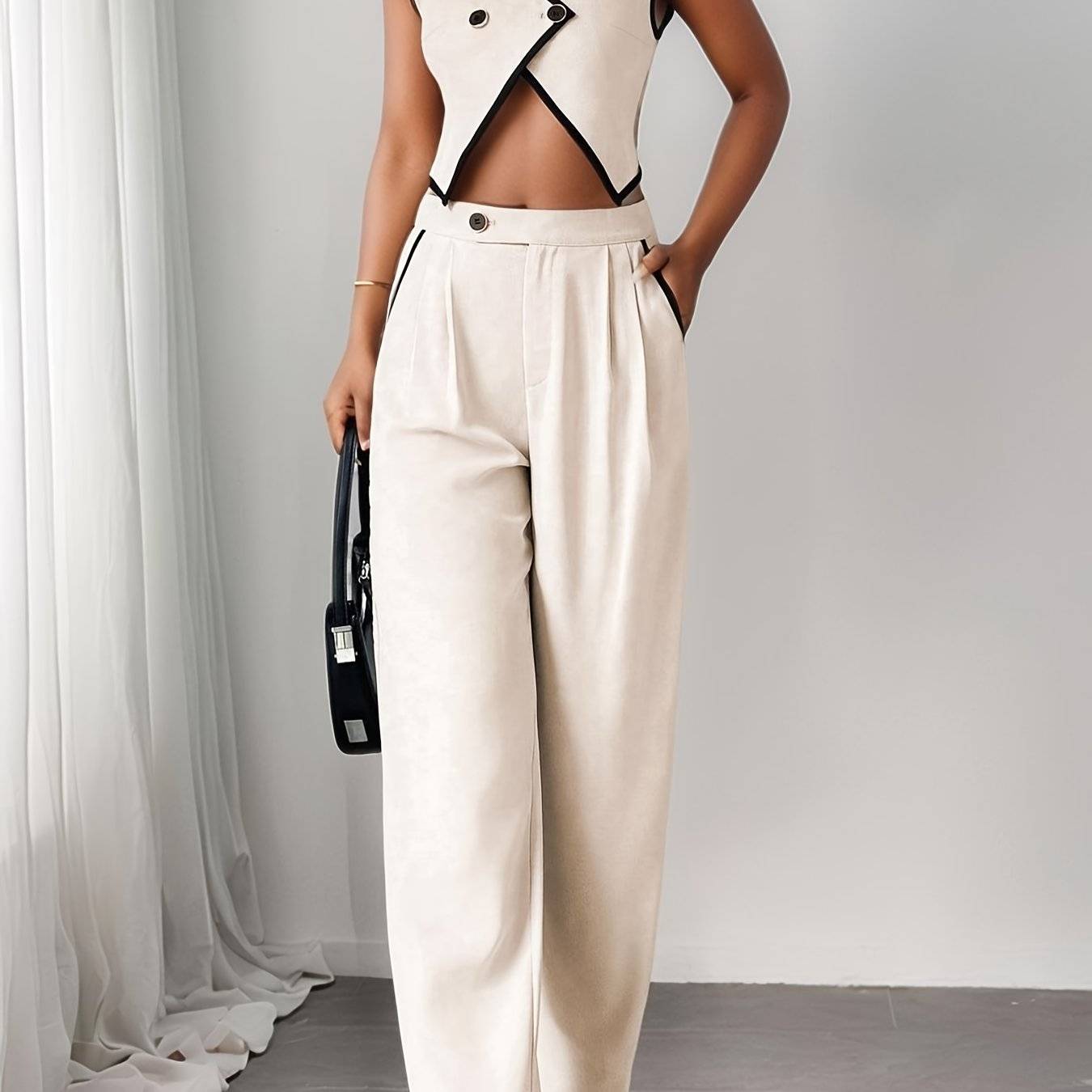 Women’s Two-Piece Summer Set with Button Blazer & Belly-Baring Design, Wide-Leg Trousers for Elegant Daily Outfits