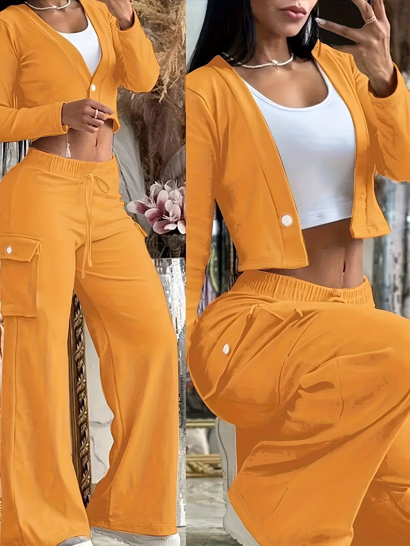 Detailed view of yellow-orange women's cardigan and pants set with button-up V-neck top and drawstring waist, ideal for seasonal casualwear.
