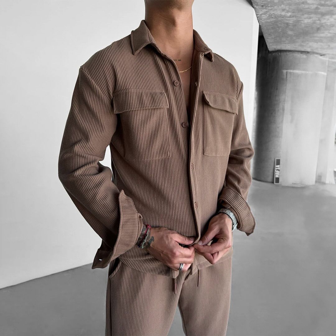 Men’s Long Sleeve Shirt Solid Color Loose Fit Lapel Cardigan Style Polyester Casual Top