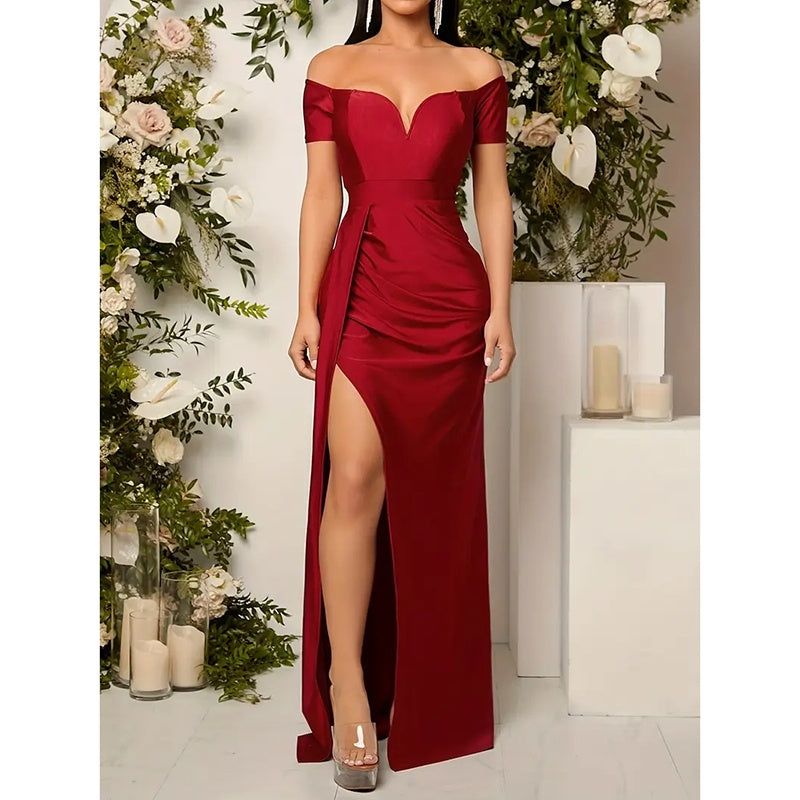 Womens Off Shoulder Bodycon Dress With High Slit