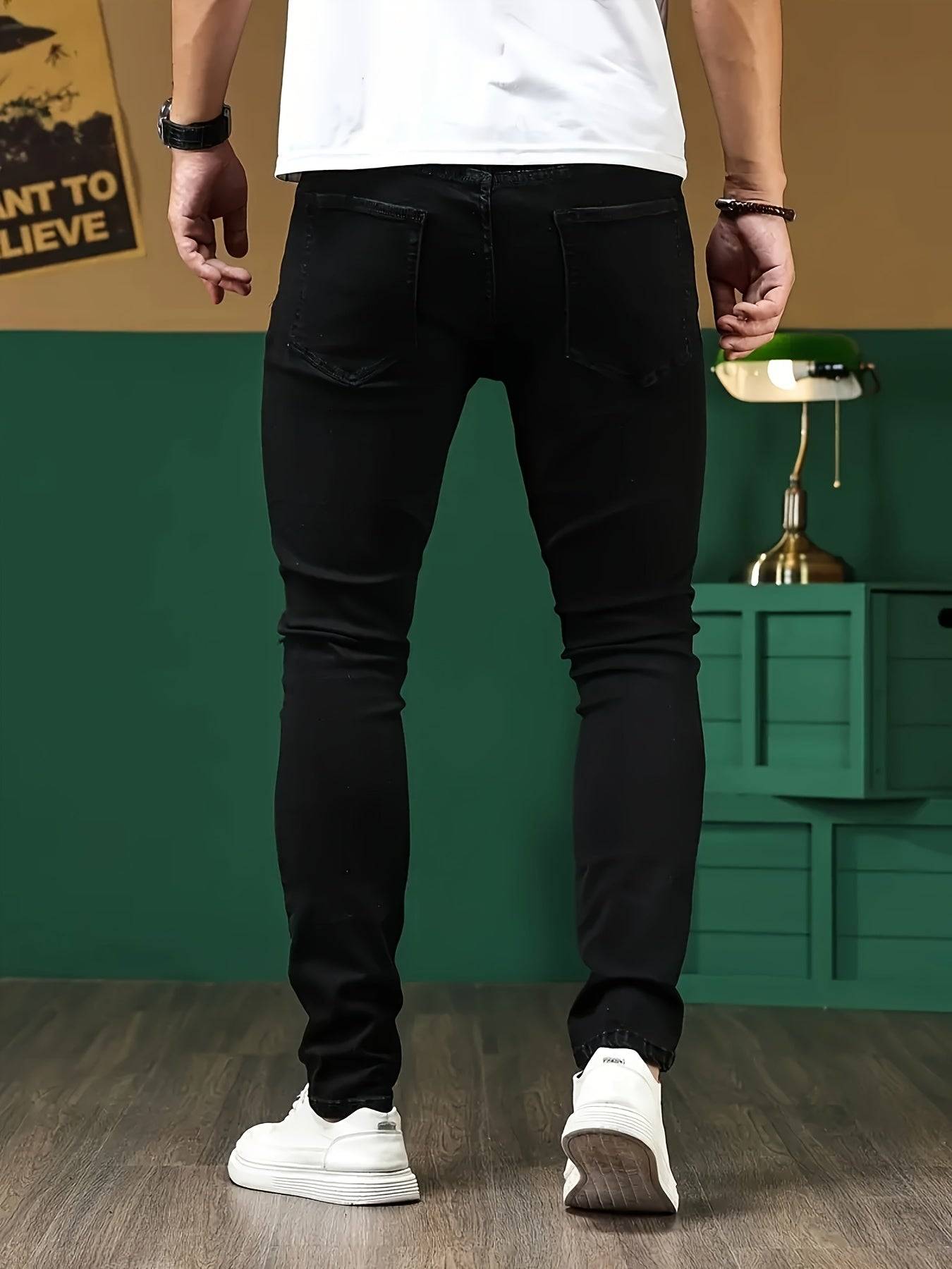 Men’s Slim Fit Stretch Denim Pants Black & Blue Water-Washed Distressed Design All-Season Casual Wear
