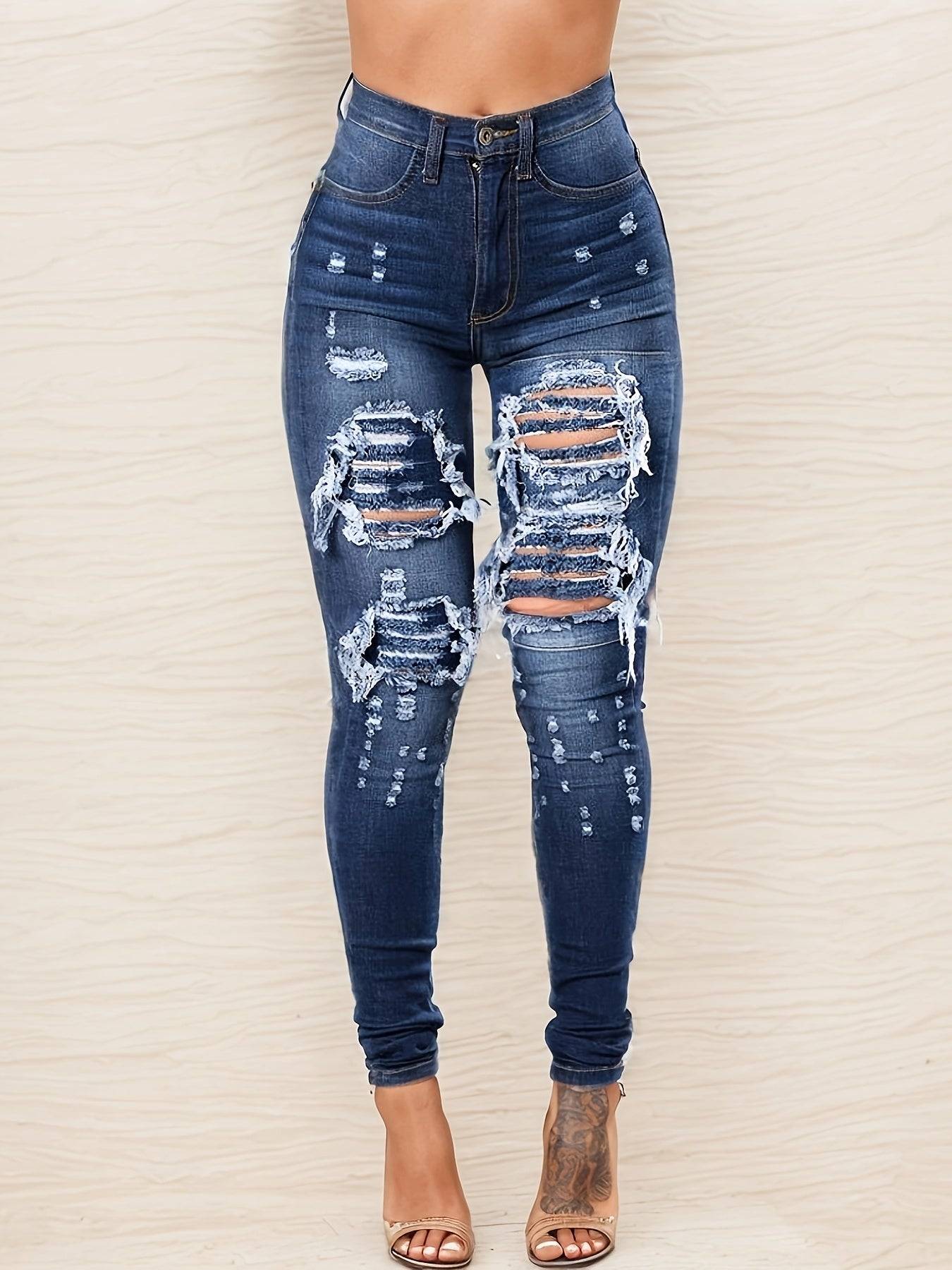 Stretch Slim High-waisted Ripped Jeans for Women, Comfortable And Stylish - Perfect for Casual Attire And Casual Occasions