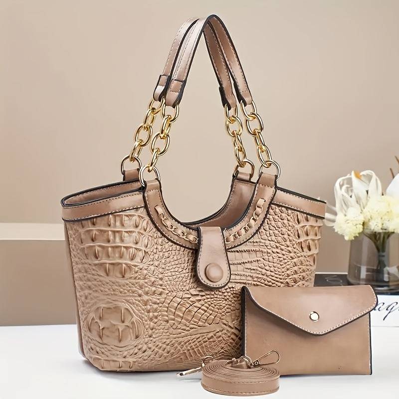 Women’s Vintage Crocodile Tote Bag – Chain Strap, Multi-Compartment Crossbody with Zipper Closure