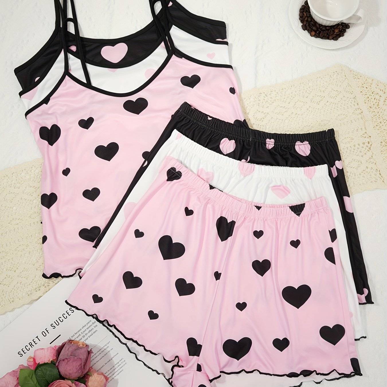 2-Piece Women's Pajama Set – Elegant Spaghetti Strap Top & Shorts in Smooth Polyester, Lightweight Sleepwear for Spring, Summer & Fall