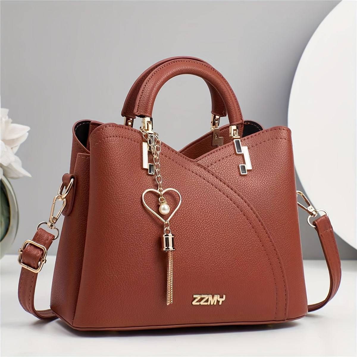 Elegant Women's Shoulder Bag with Heart Charm Lychee Texture Crossbody Strap & Magnetic Closure