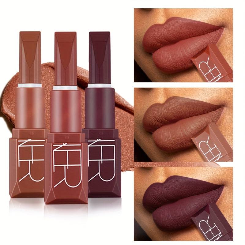 3pcs Velvet Matte Lipstick Set Waterproof Non-Stick Cup Formula with Squalane Long-Lasting Rich Brown, Pink, Purple & Red Shades