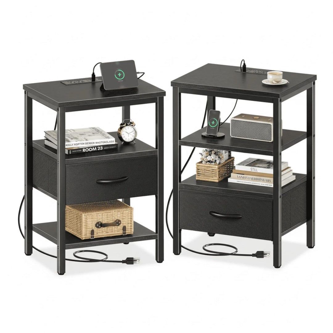 Nightstand with USB and Type C Charging Fabric Drawer