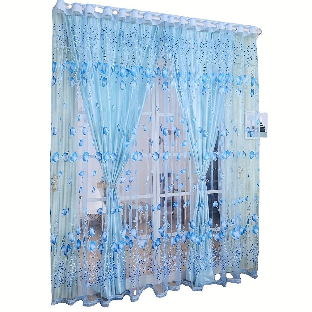 2-Panel Tulip Curtains for Living Room 79-Inch, Elegant Sheer Chiffon Drapes with Spring Flower Print & Rod Pocket Top for Bedroom & Balcony