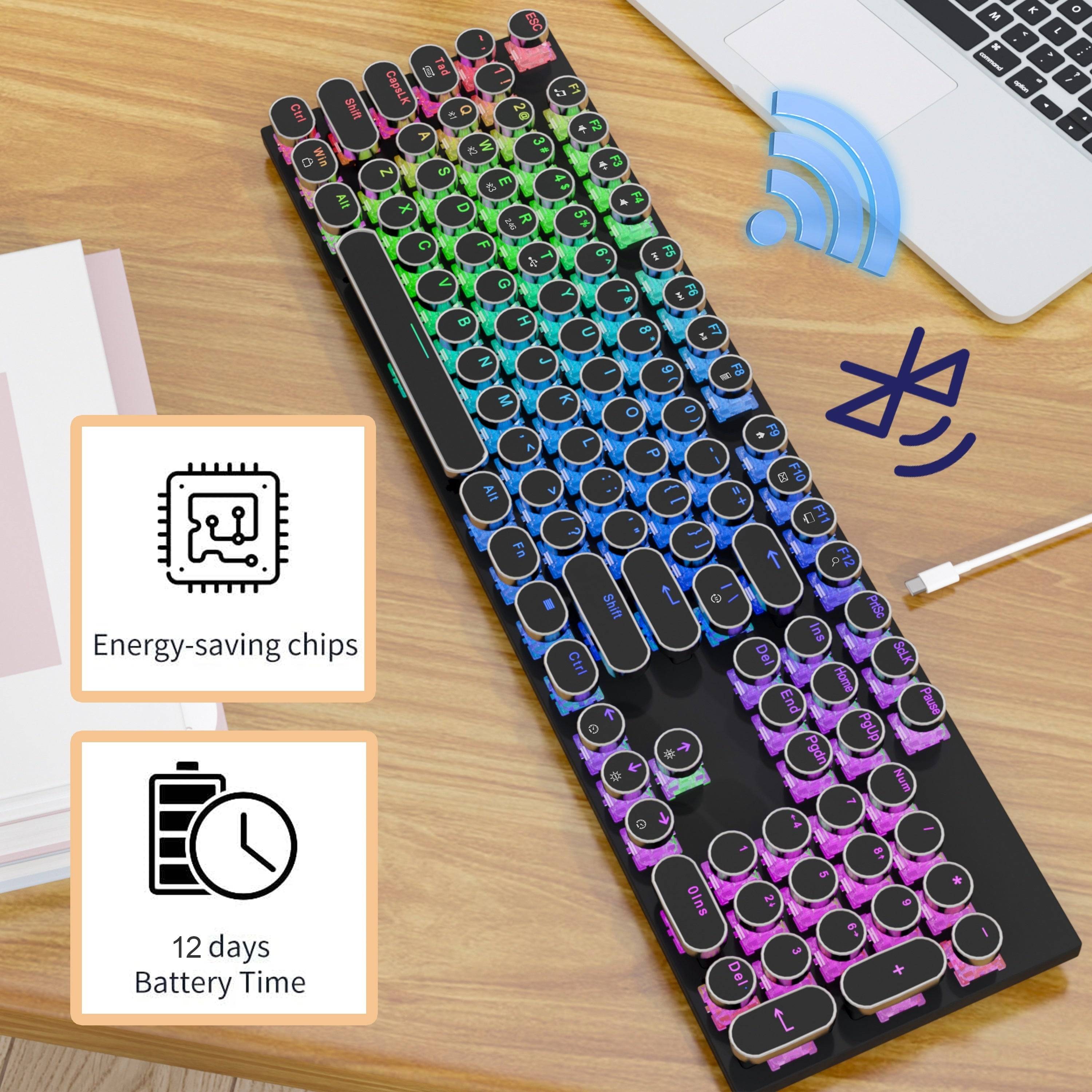 RGB Wireless Mechanical Keyboard with Round Typewriter Keycaps, 104-Key Triple Mode for Win/Mac, Blue Switch