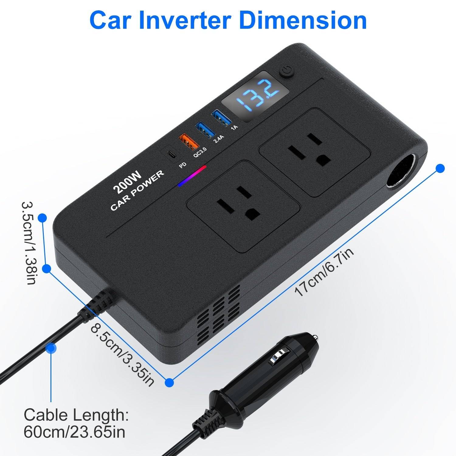 200W Car Inverter with AC Outlets and Fast Charging Ports