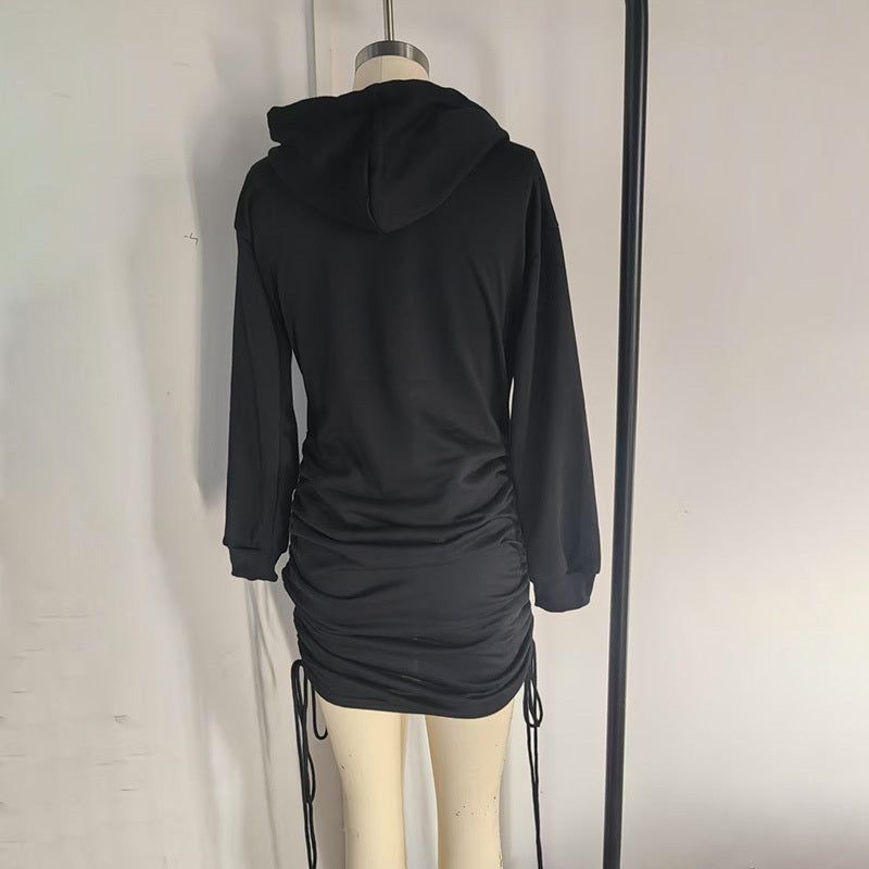 Hooded Bodycon Dress with Drawstring Ruched Detail