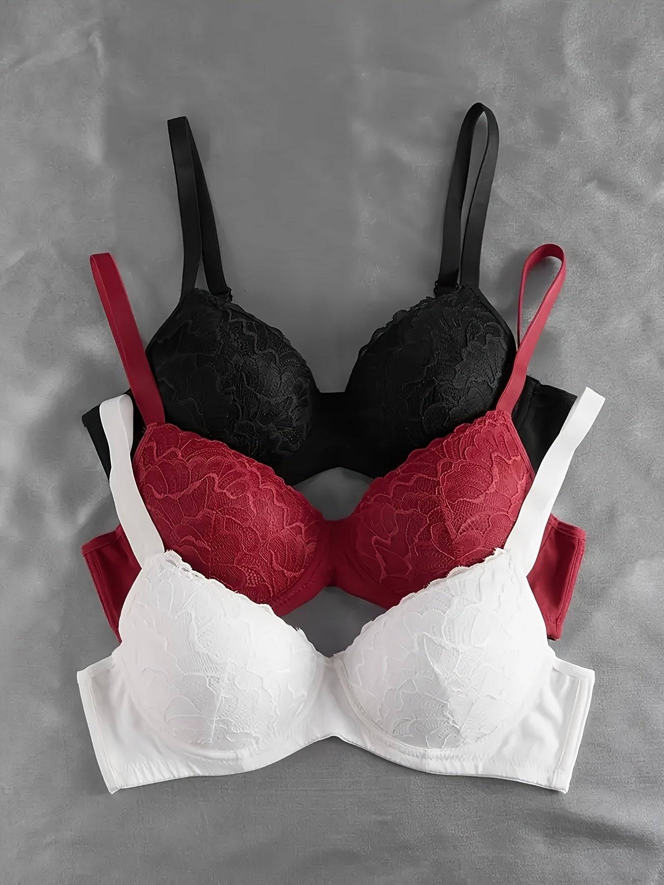 3-Pack Women's Floral Lace Underwire Bras – Comfortable Push Up Design with Lace Detail, Ideal for Everyday Wear & Special Occasions