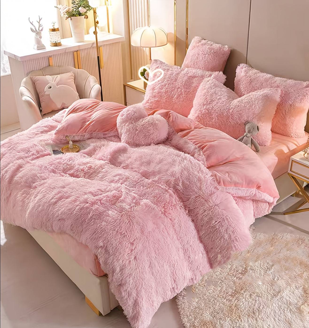 4-Piece Fluffy Bedding Set, Soft Comforter Set with Duvet Cover, Bed Sheet and 2 Pillowcases, Queen/King Size