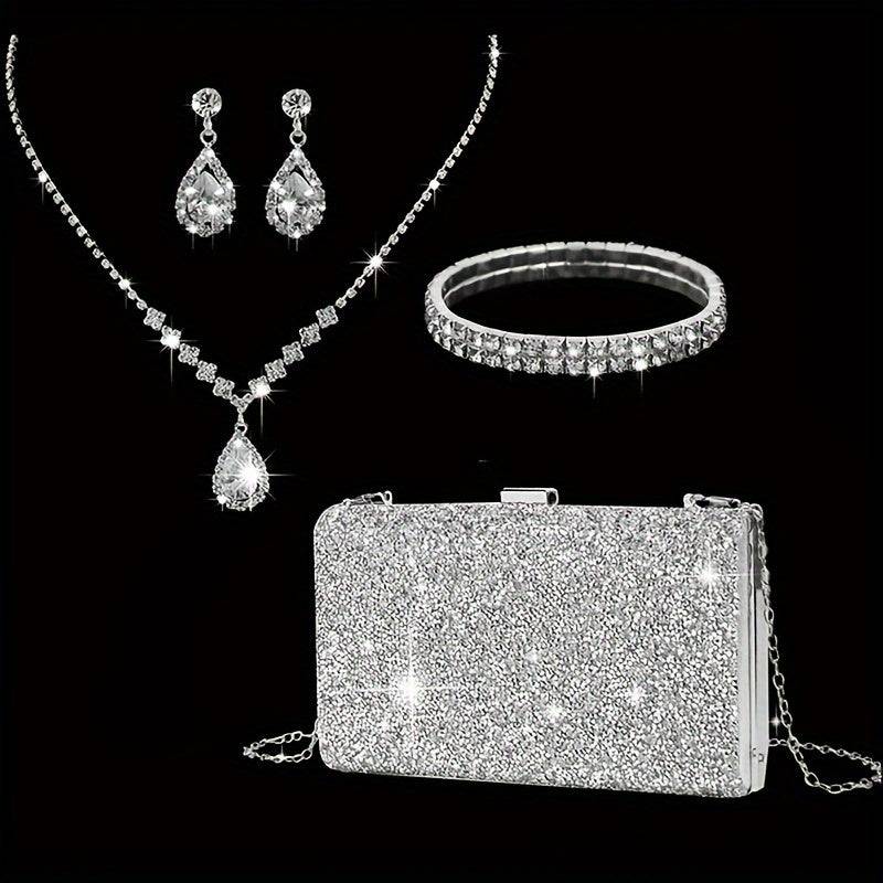 Luxury Evening Bag & Jewelry Set with rhinestone clutch, teardrop necklace, earrings, and bracelet for weddings and parties.