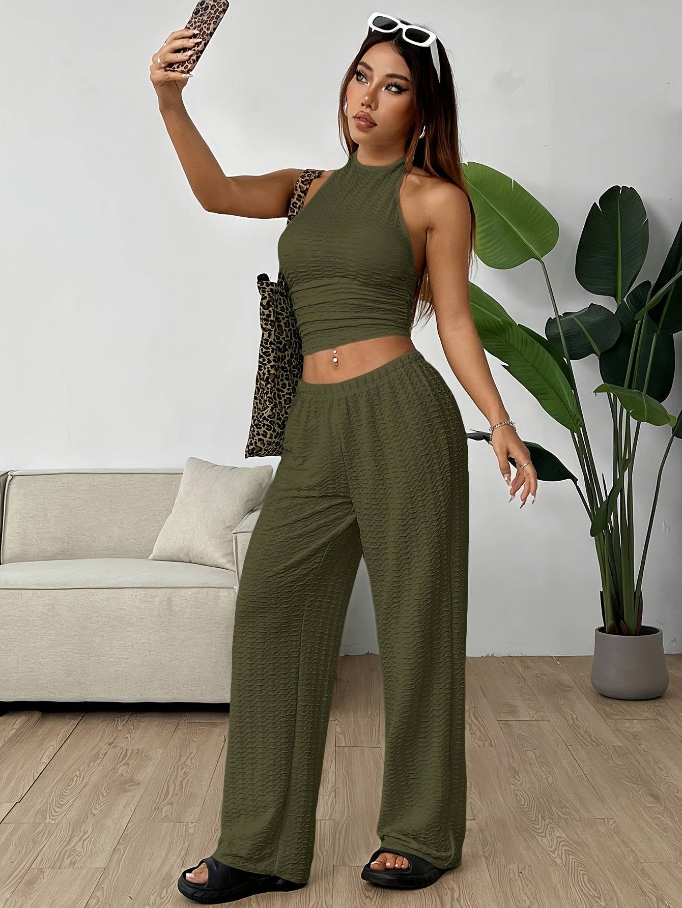 Women’s Casual Halter Top & Baggy Pants Set – Comfortable 2-Piece Outfit for Daily Commuting & Everyday Wear