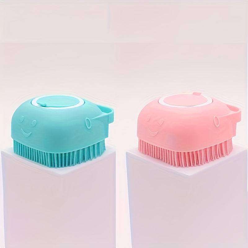 Dog and cat bath brush with shampoo dispenser, soft silicone bristles, ideal for long and short hair during shower