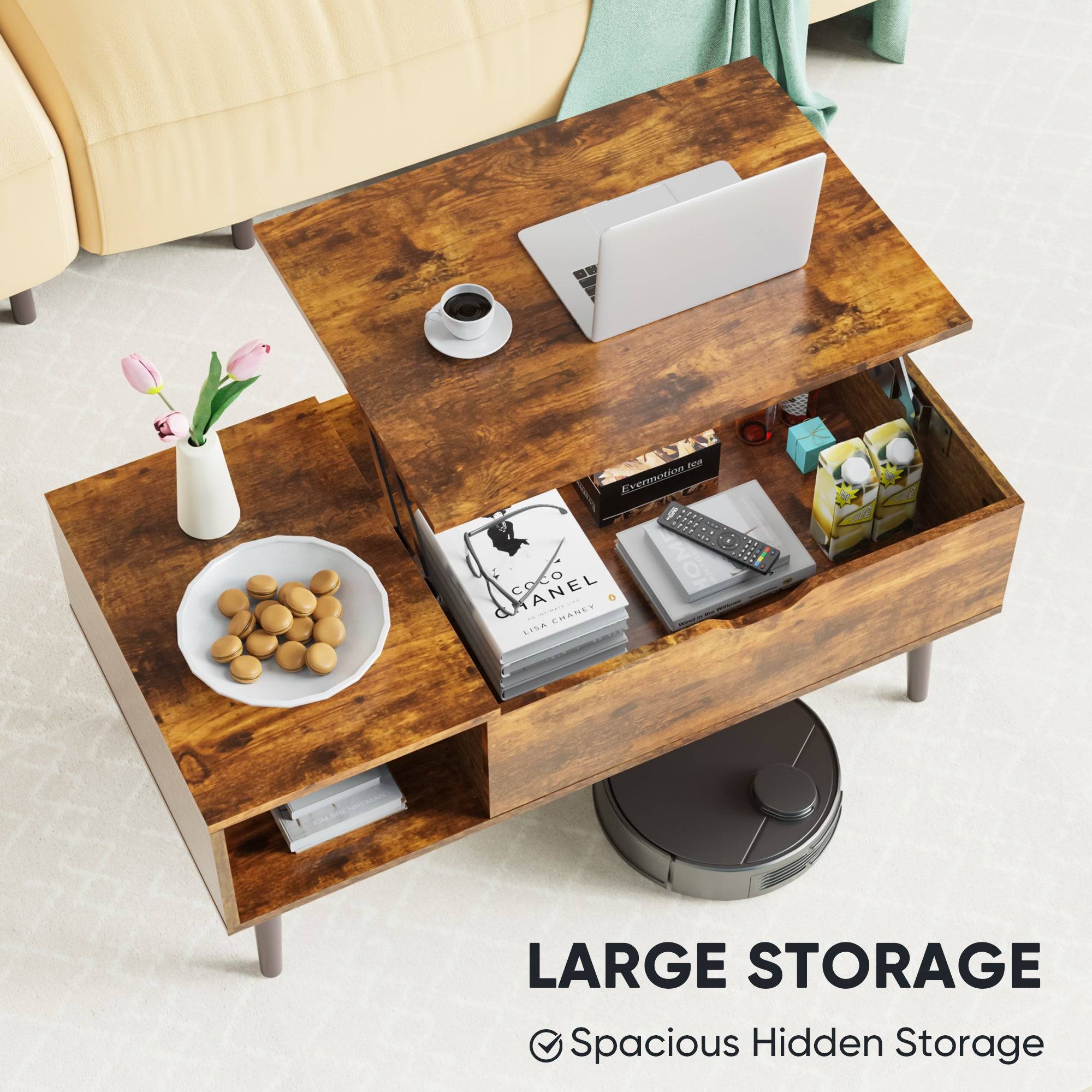 Lift Top Coffee Table With Storage And Side Shelves