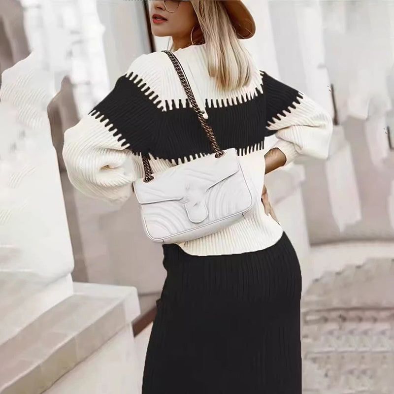 Two Piece Set Knit Color Block Sweater Skirt Winter Formal