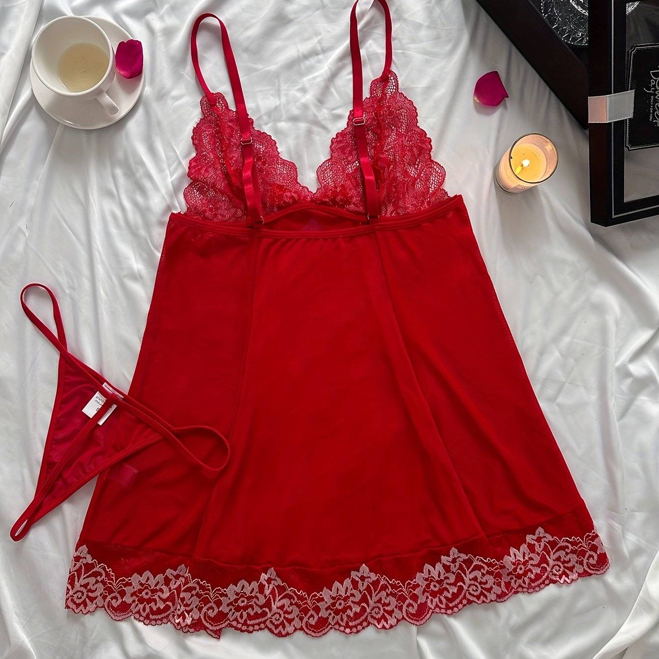 Women's Red Lace Robe Set – 2-Piece Elegant Sleepwear with Matching Lingerie