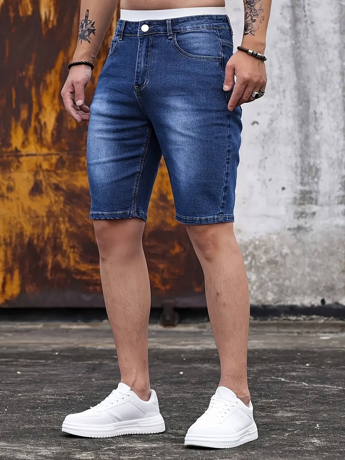 Men’s Slim Fit Dark Blue Denim Shorts Knee-Length Straight Leg Multiple Pockets Mid-Stretch Fabric for Outdoor & Casual Wear