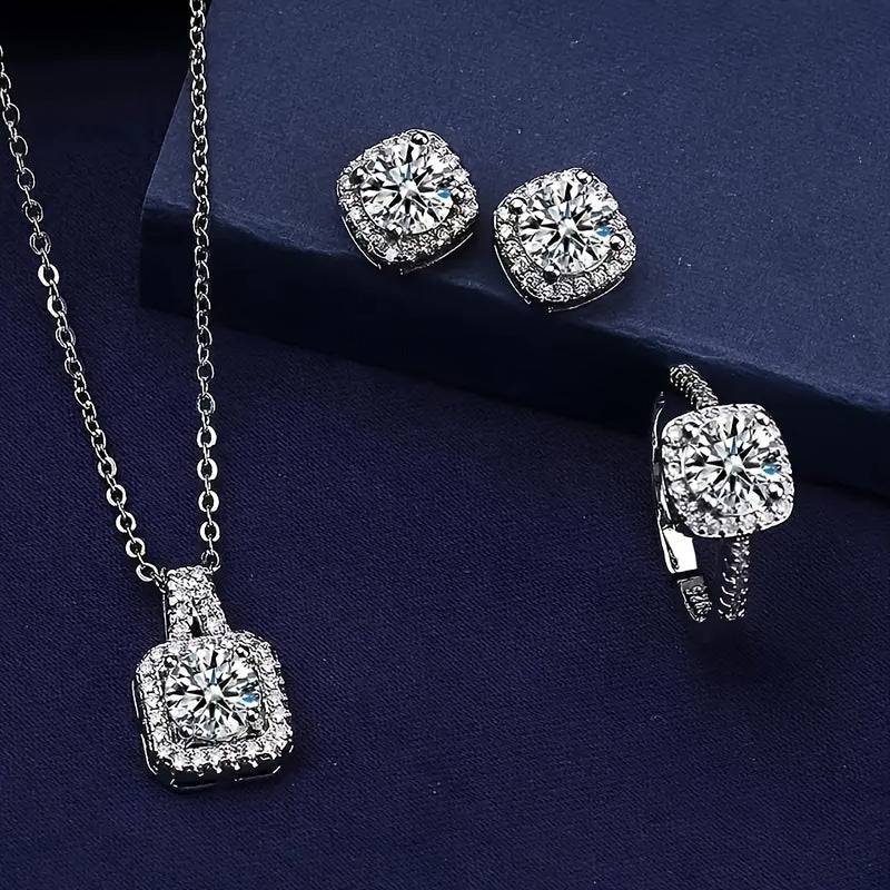 Women's 4-Piece Rectangular Zirconia Jewelry Set, Silver-Plated Earrings, Necklace and Ring, Elegant Luxury Gift for Weddings and Special Occasions