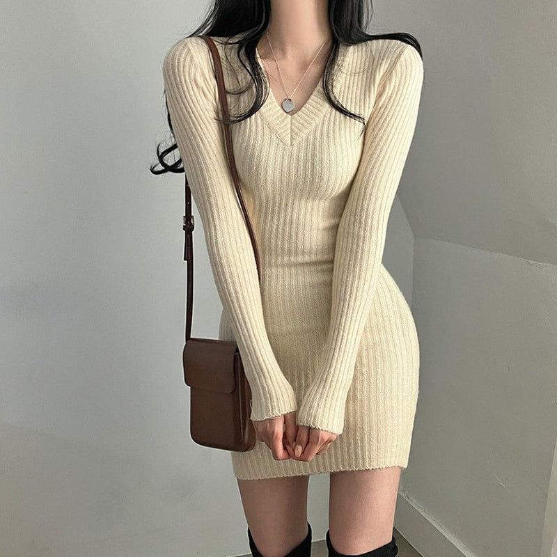 V Neck Bodycon Mini Dress With Long Sleeves And Stretch