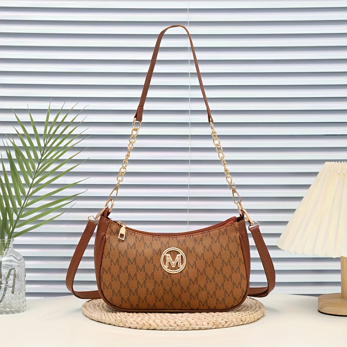 Women’s Vintage Crossbody Bag – Checkered Print, Gold Accents, Detachable Chain, Black & White
