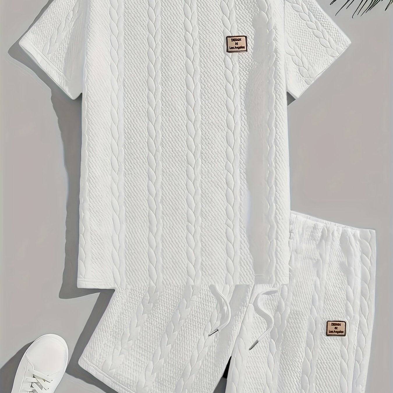 Men's Summer Two-Piece Set, Solid Color Jacquard T-Shirt with Round Neck and Matching Sports Shorts, Casual Outfit for Daily Wear