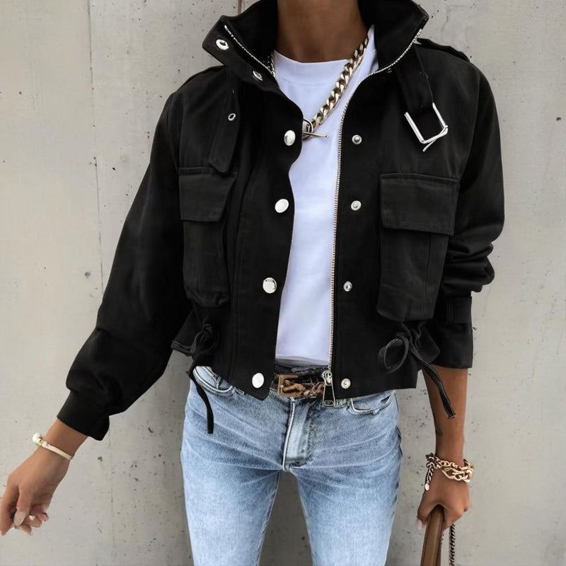 Womens Stand Collar Jacket With Dual Closure And Pockets