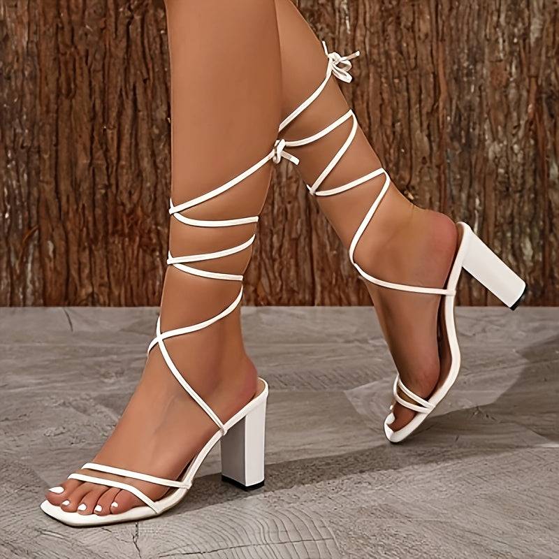 Women’s Elegant White Thick Heel Sandals, Adjustable Crisscross Strap Open-Toe Design with Non-Slip Sole, Summer