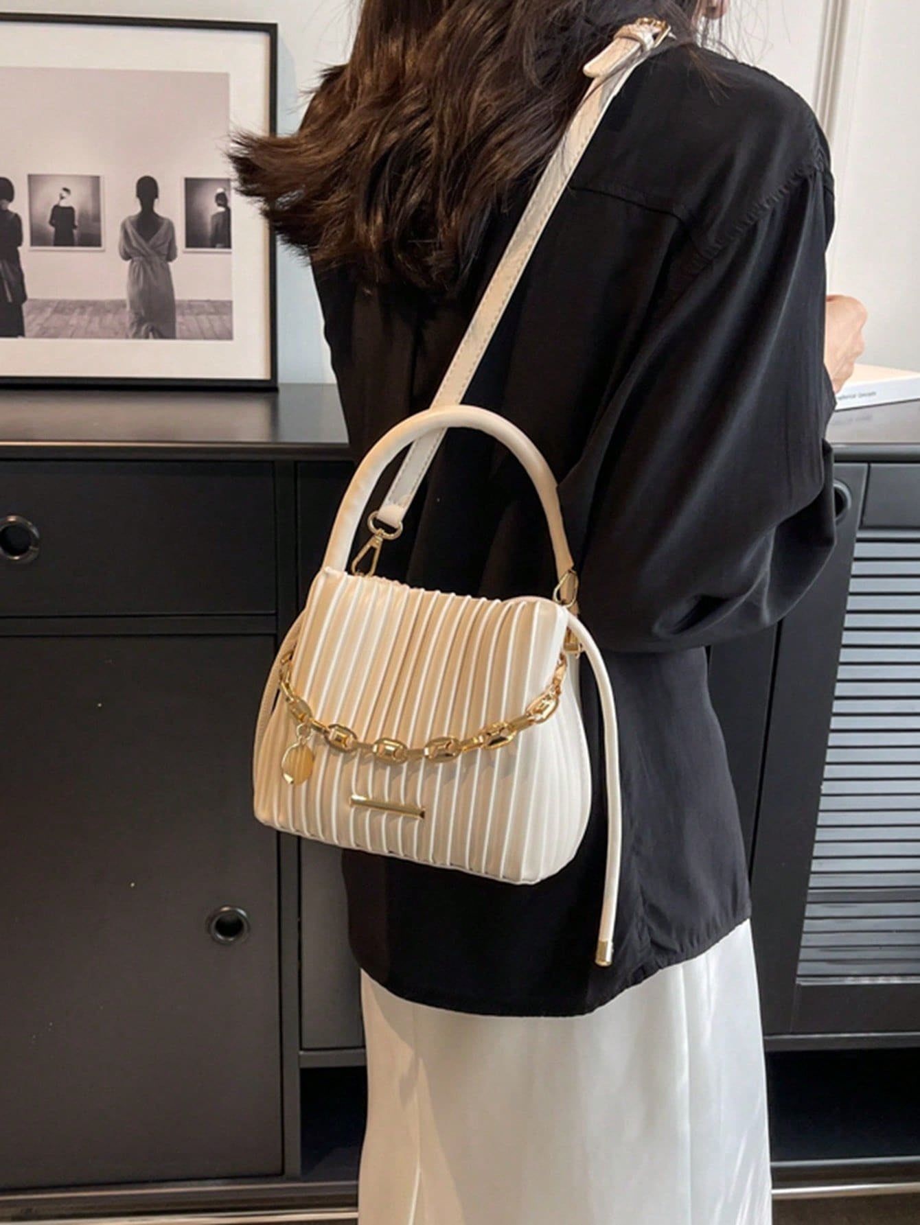 Women Tote Bag Pleated Chain Bucket Shoulder Handbag
