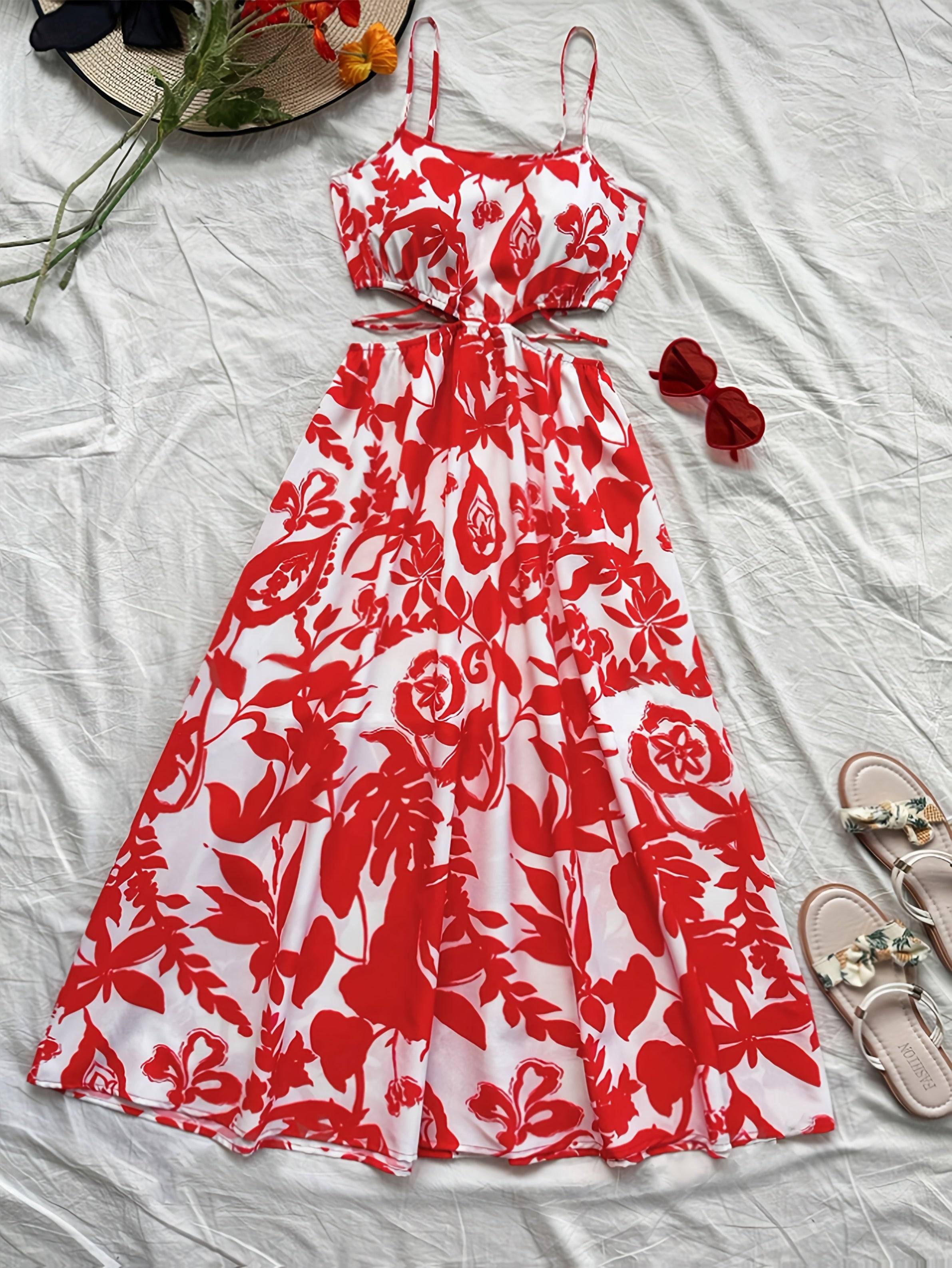 Women’s Elegant Vacation Dress – Strapless Square Neck Sleeveless A-Line Maxi Dress with Floral Print, Loose Fit