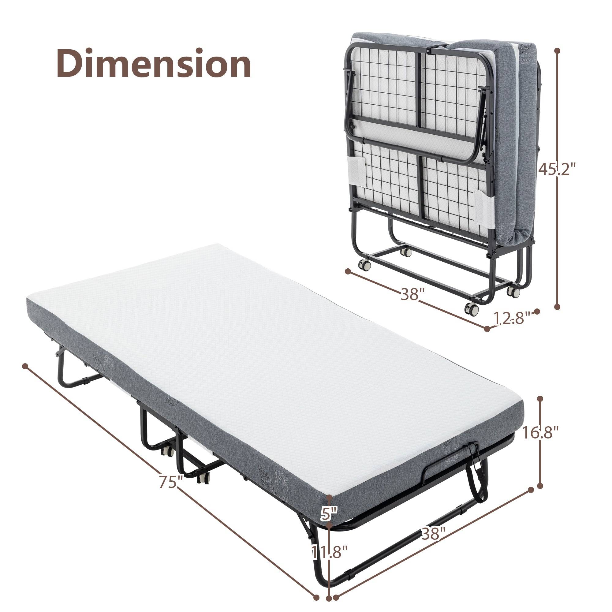Foldable Bed with Memory Foam Mattress and Metal Frame