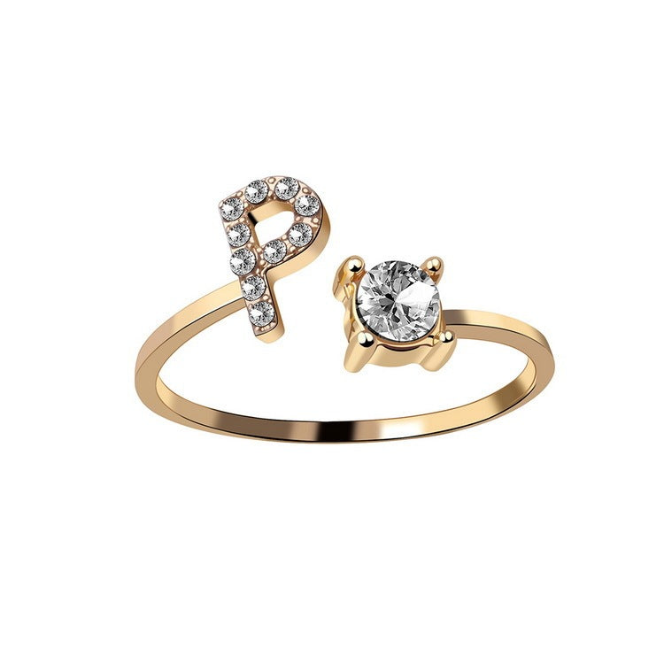 Anillo de letra ajustable con circonitas y diseño inicial de 26 para mujer