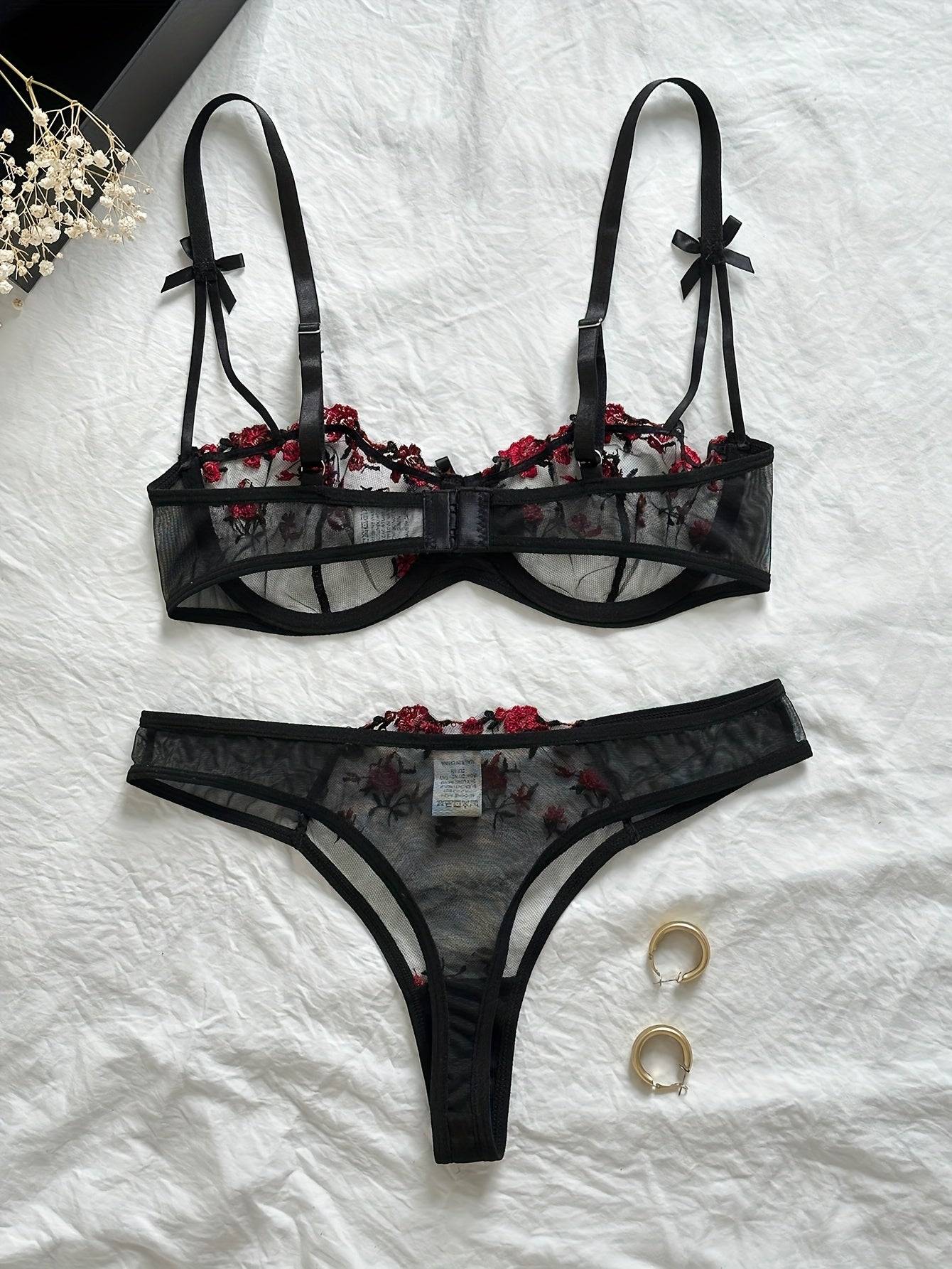 Women's Lace & Satin Lingerie Set – Bra and Underwear Combination in Pink, Black, Red, Blue & Burgundy