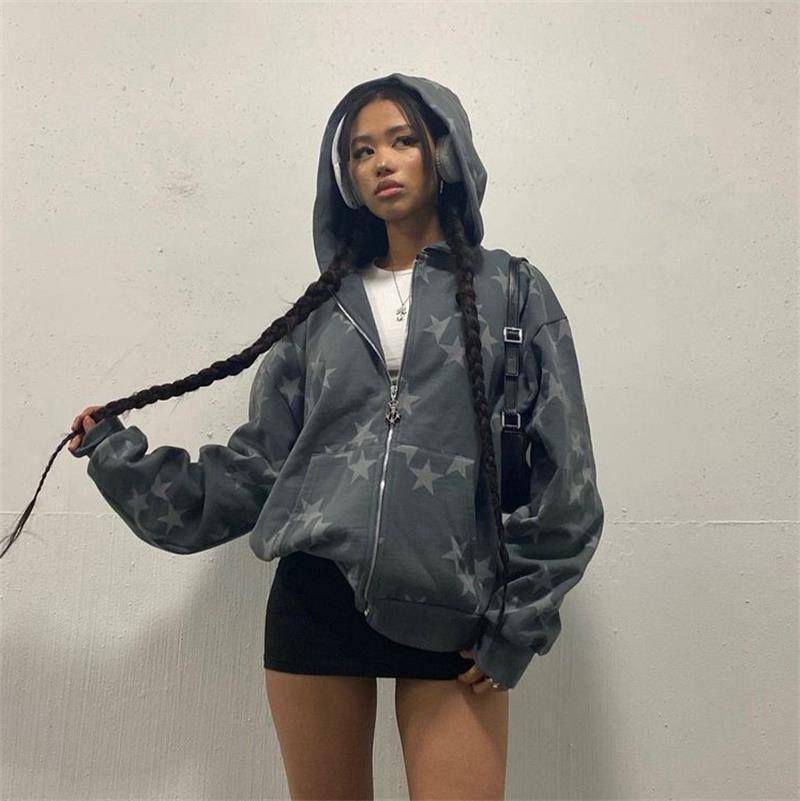 Stars Printed Zipper Hooded Cardigan Street Fashion Unisex