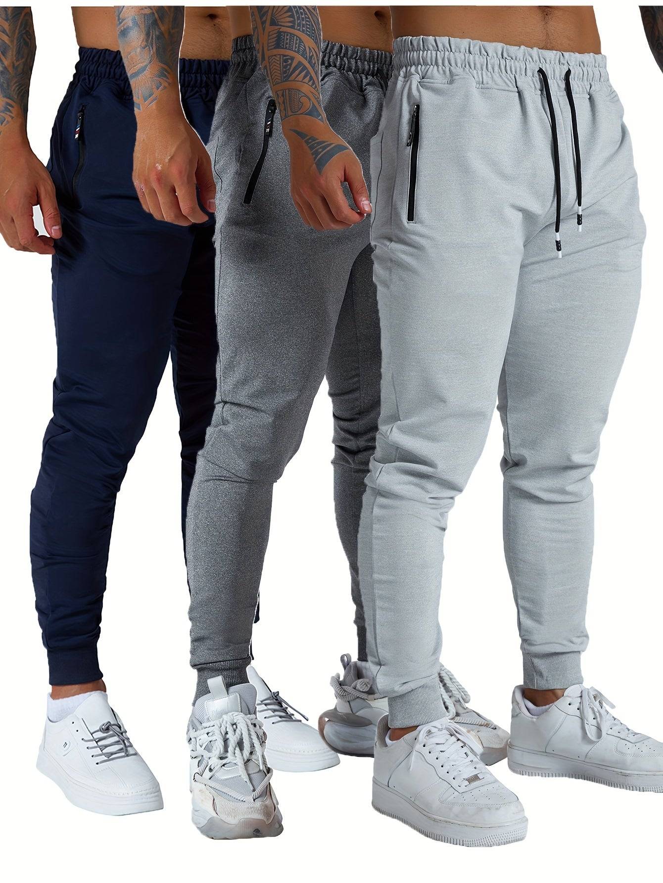 3-Pack Men’s Athletic Jogger Pants Tapered Sweatpants with Zipper Pockets for Workout, Running & Jogging