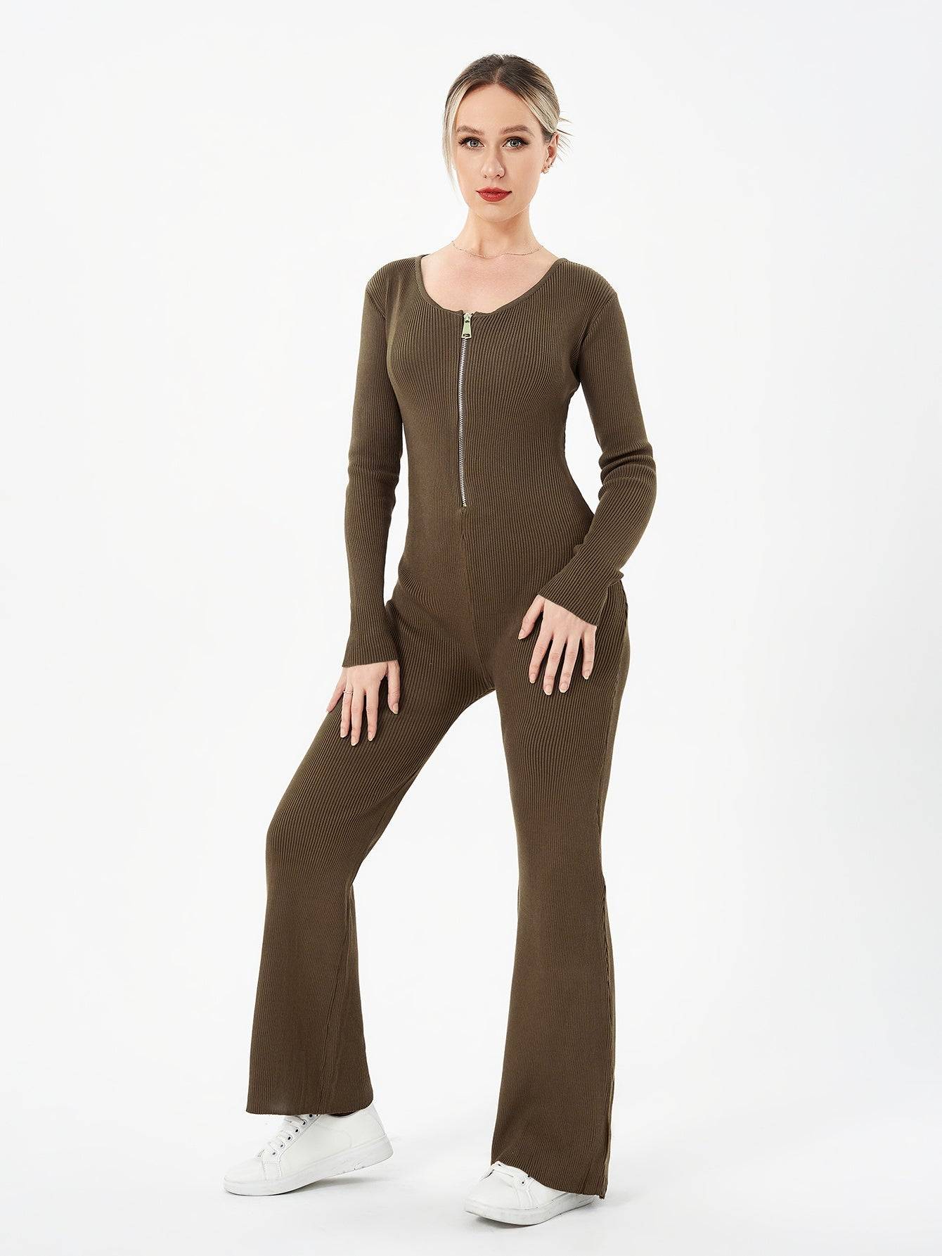 Women Jumpsuit Two Piece Zipper Top Flared Trousers Set