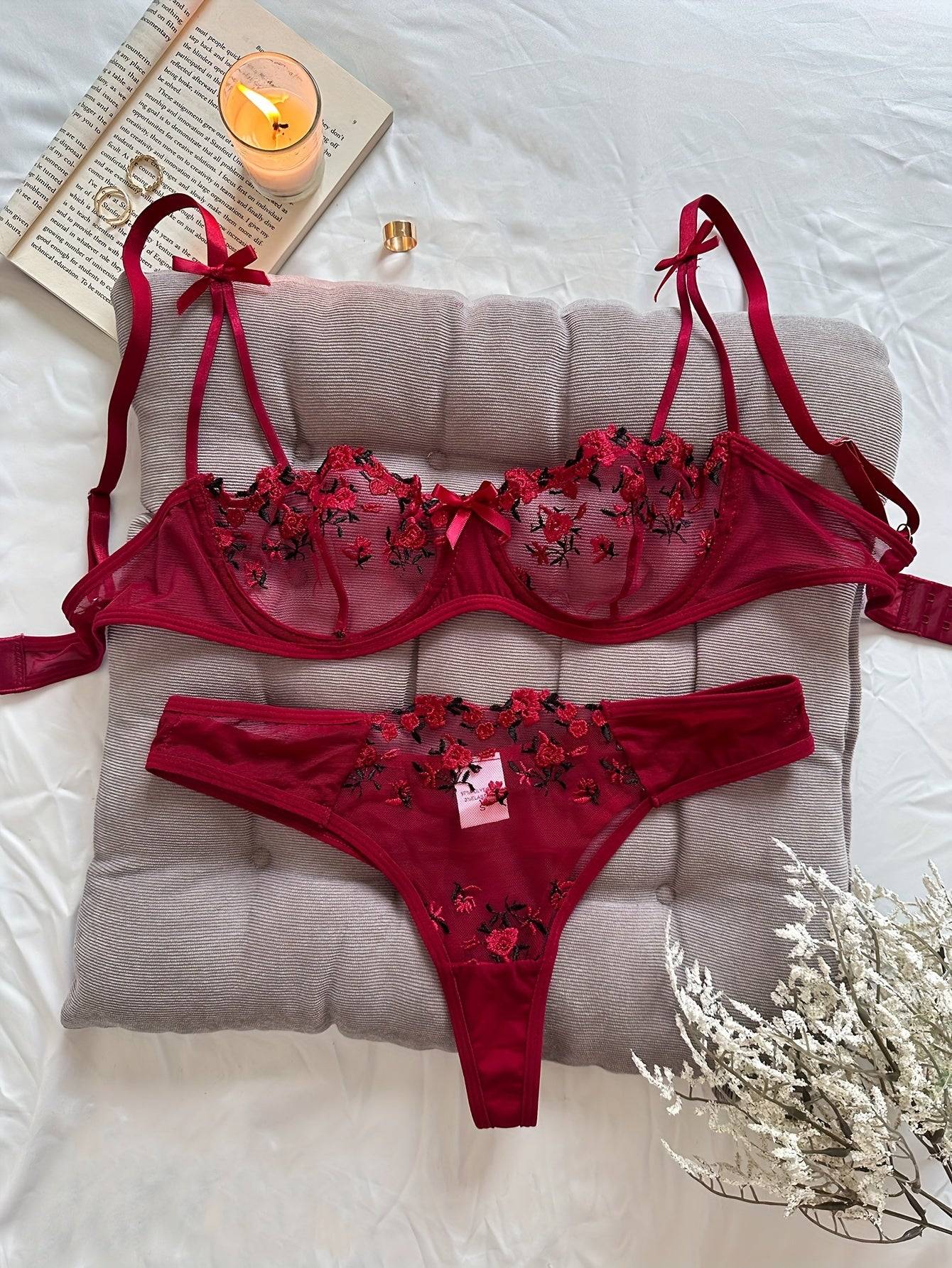 Women's Lace & Satin Lingerie Set – Bra and Underwear Combination in Pink, Black, Red, Blue & Burgundy