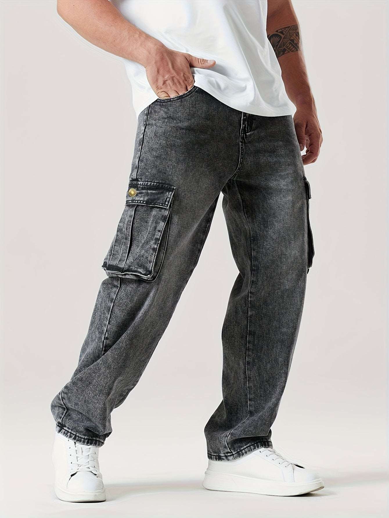 Men’s Casual Straight Cargo Jeans Relaxed Loose Fit, Multi-Pocket Work Style Durable Cotton Blend for All Seasons