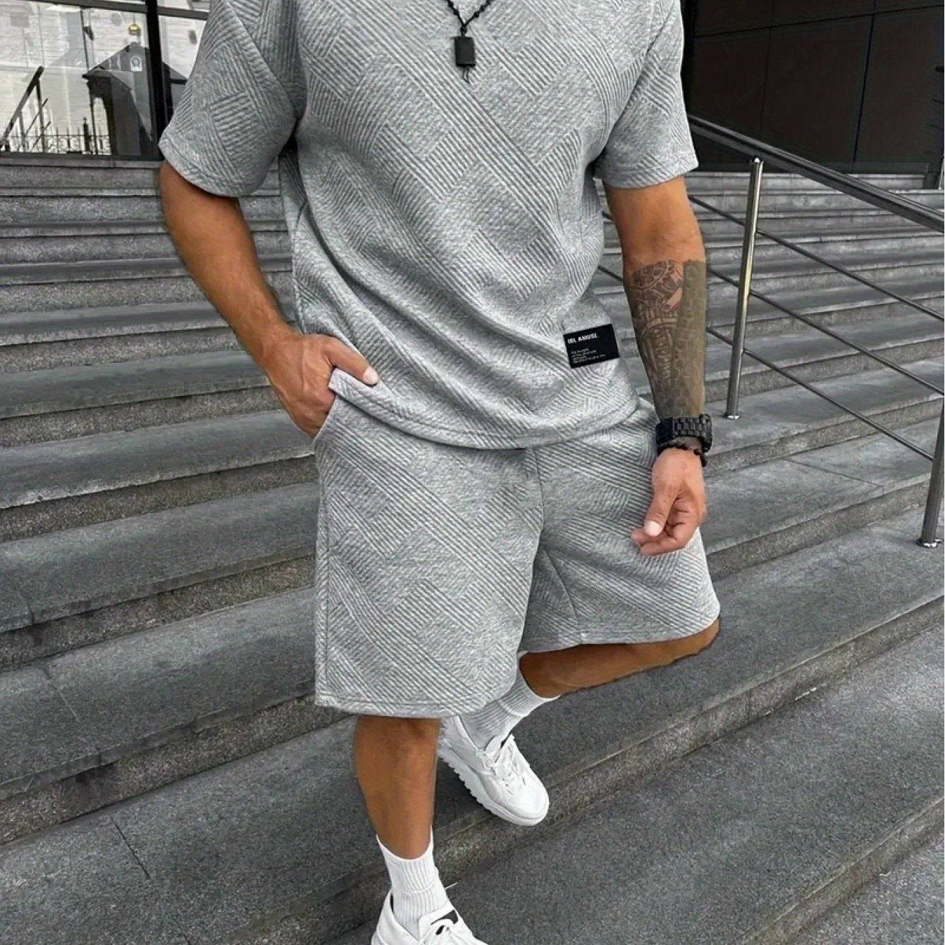Men's Summer Two-Piece Set, Dark Stripe Texture Short Sleeve Shirt and Matching Shorts, Casual Polyester Outfit for Beach or Daily Wear