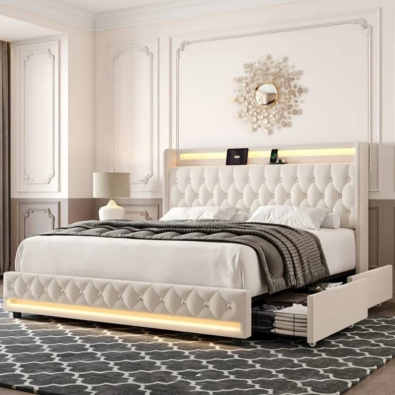 FULTRU Bed Frame with 4 Storage Drawers, LED Velvet Platform with USB Ports and Tufted Wingback Headboard
