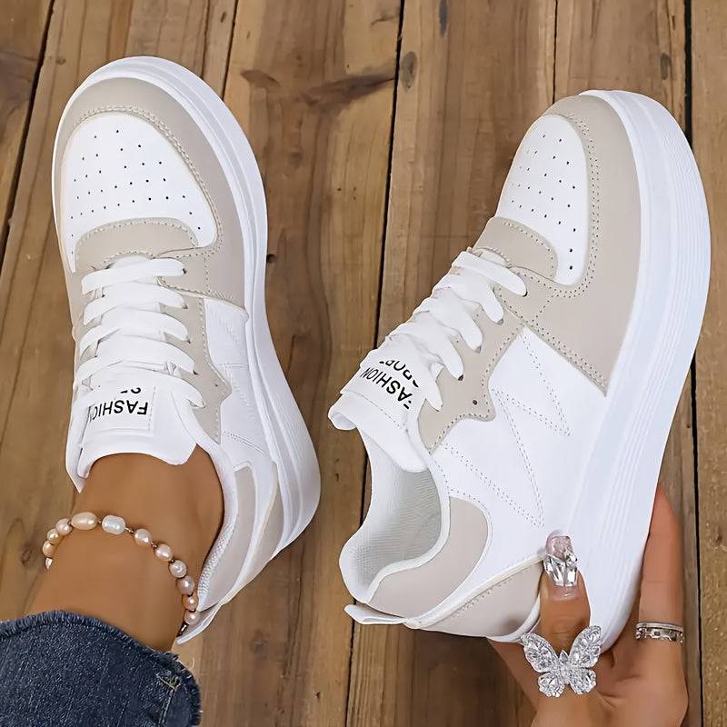 Women’s Platform Sneakers, Casual Lace-Up Low-Top Shoes with Breathable Mesh, PU Upper & EVA Insole, White/Beige