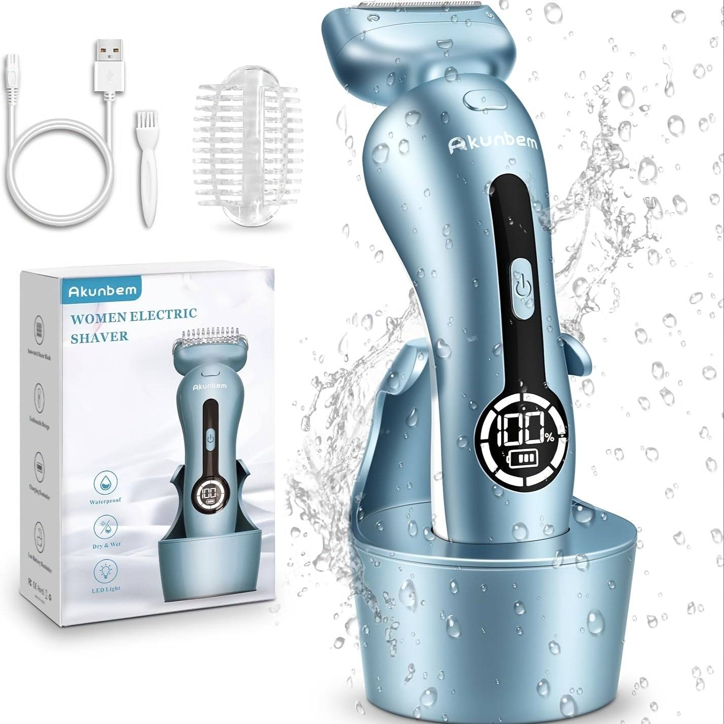 Blue rechargeable electric women’s shaver with waterproof design and digital display. Includes USB charger and cleaning accessories.