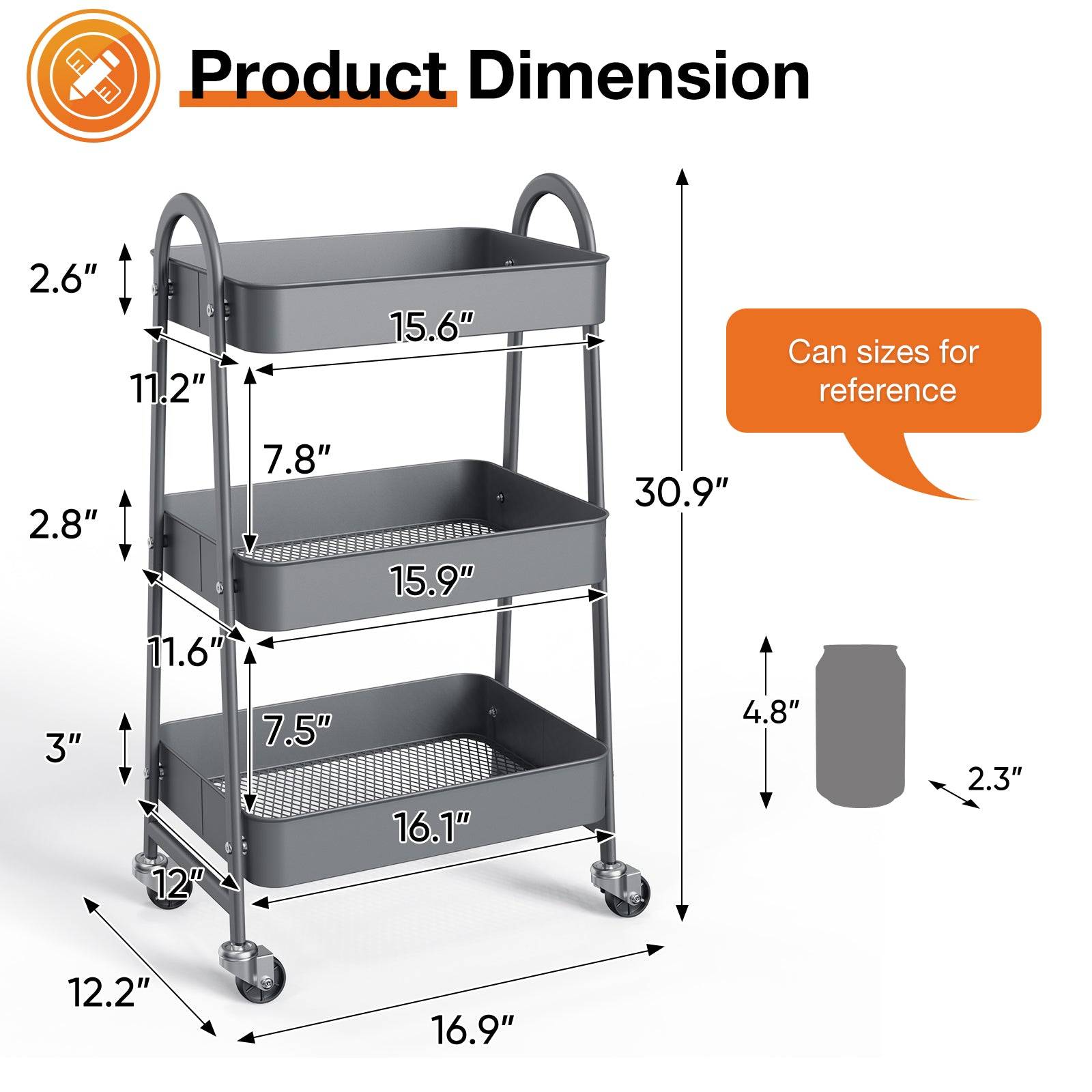 3 Tier Metal Storage Cart with Wheels